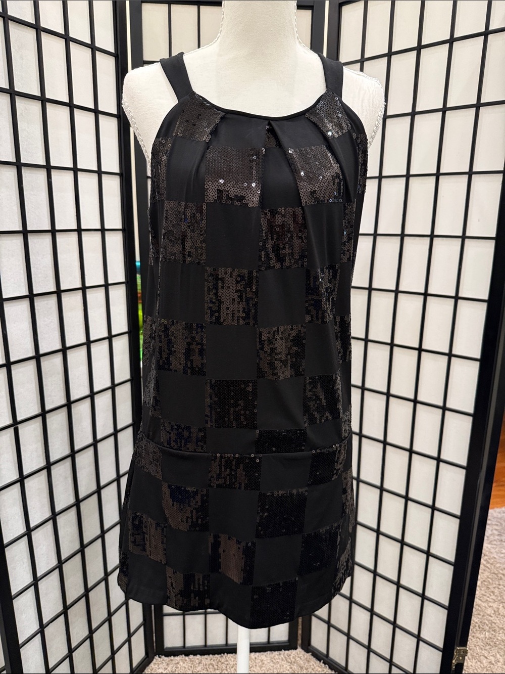 White House Black Market Black Sequin Check Halter Mini Dress